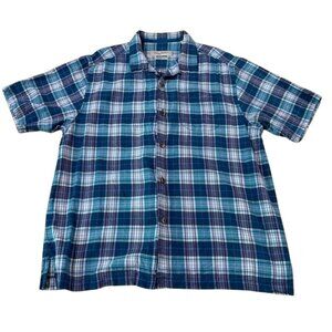 Tommy Bahama Silk Shirt Men's Size Large Aloha Hawaiian Style Casual Blue Plaid